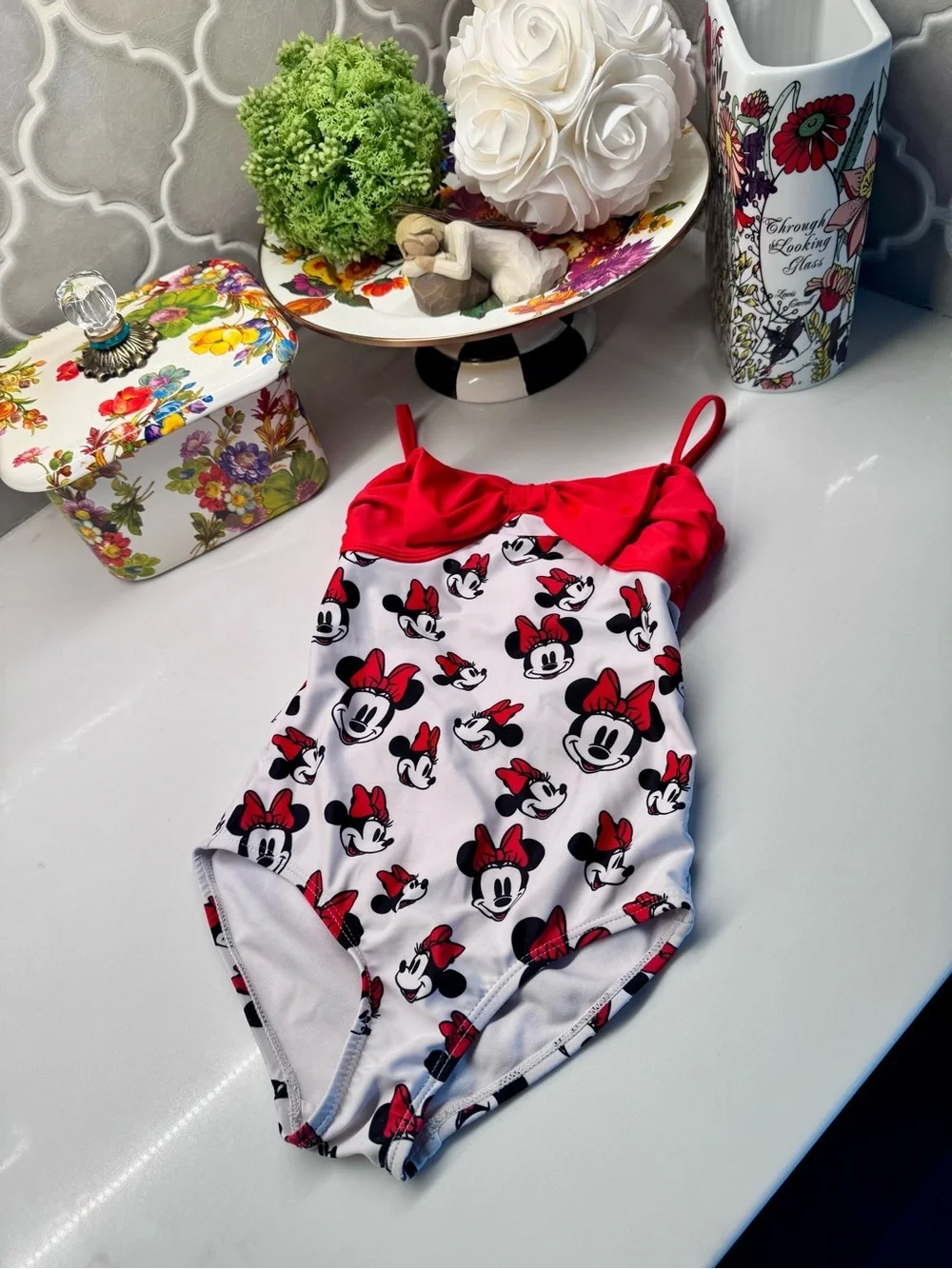 Disney Store Minnie Mouse Swimsuit Girls Size 5/6 Red Bow One Piece
